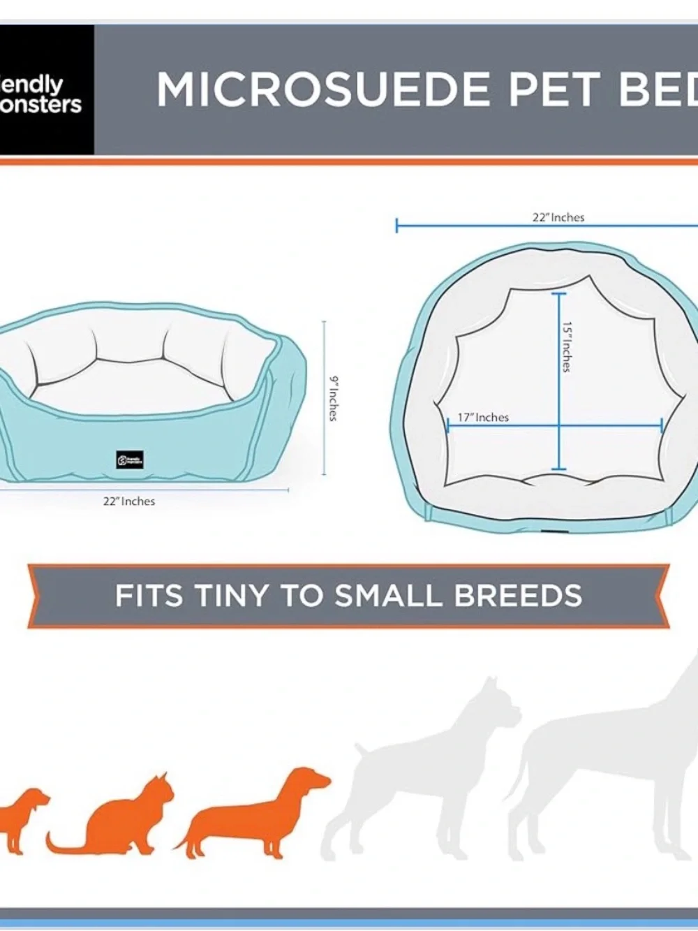 FriendlyMonsters Pet Bed,Micro Suede with Plush Fill,Medium/Small Size Dogs,